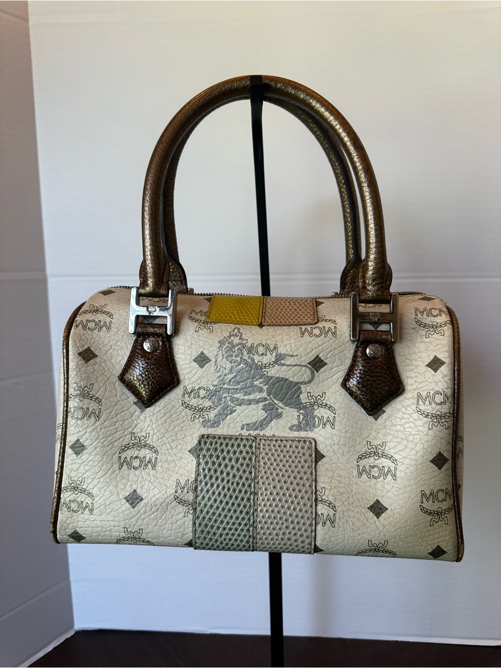 MCM  Visetos Princess Lion Boston Bag in White